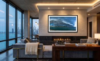 Large framed fine art print of a huge storm in Chicago displayed in a luxury apartment