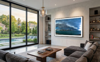 Large framed fine art print of a huge storm in Chicago displayed in a luxury modern home