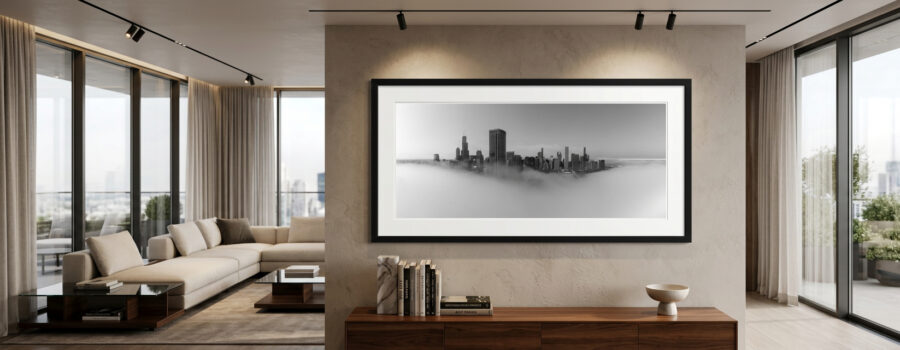 large fine art photograph of Chicago in the fog displayed in a modern luxury home