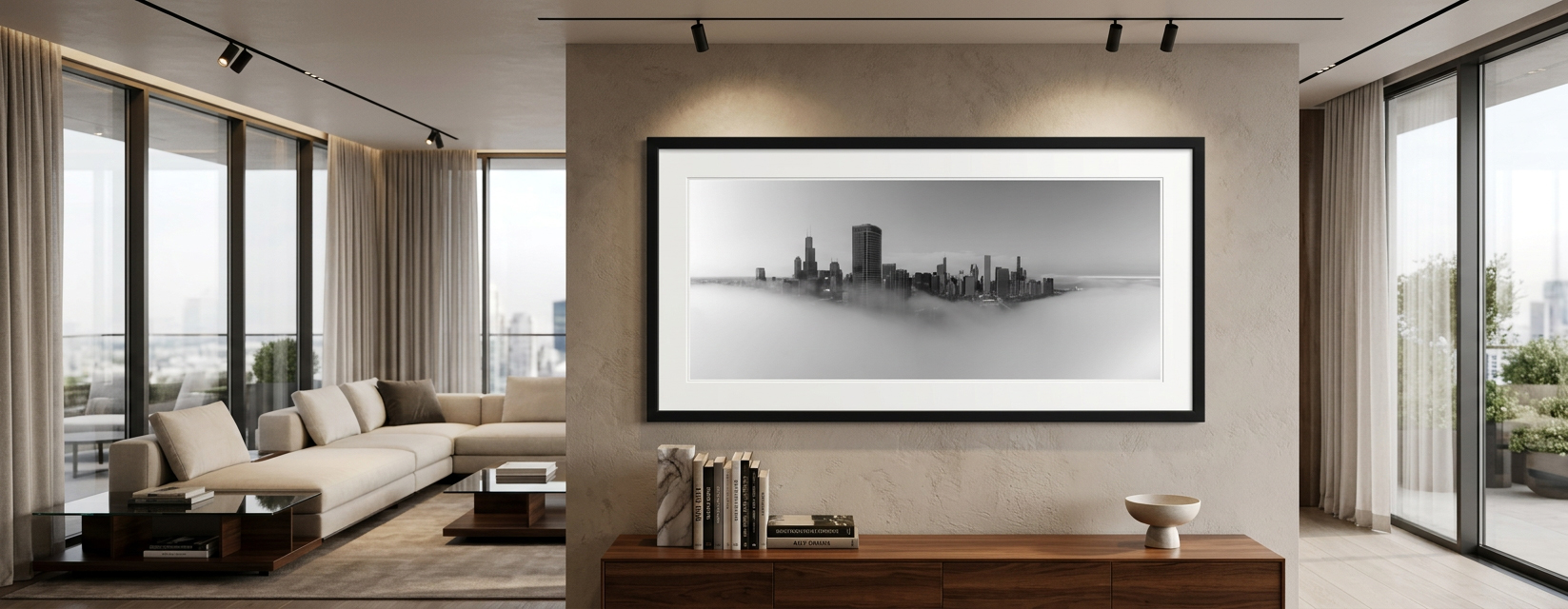 large fine art photograph of Chicago in the fog displayed in a modern luxury home